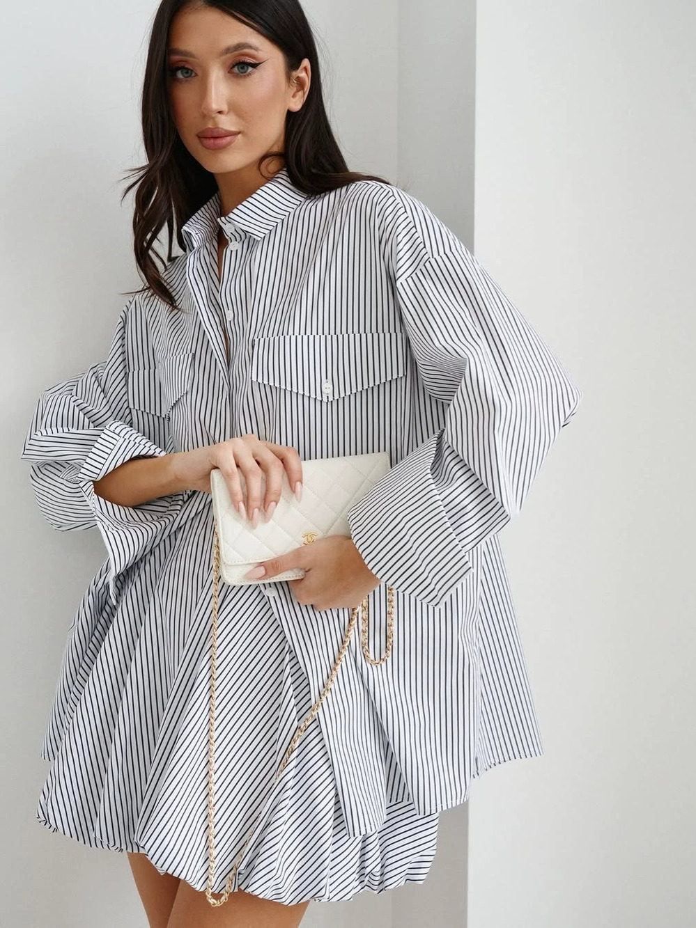 Zara Casual Striped Long Sleeve Collar Shirt and Bubble Skirt Set
